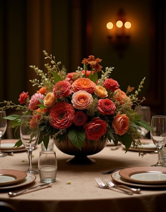 An intricate, artistic floral arrangement on a dining table.