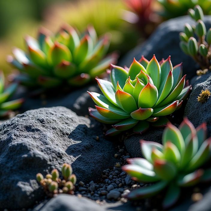 A close-up of a landscape design featuring succulents and volcanic rock.