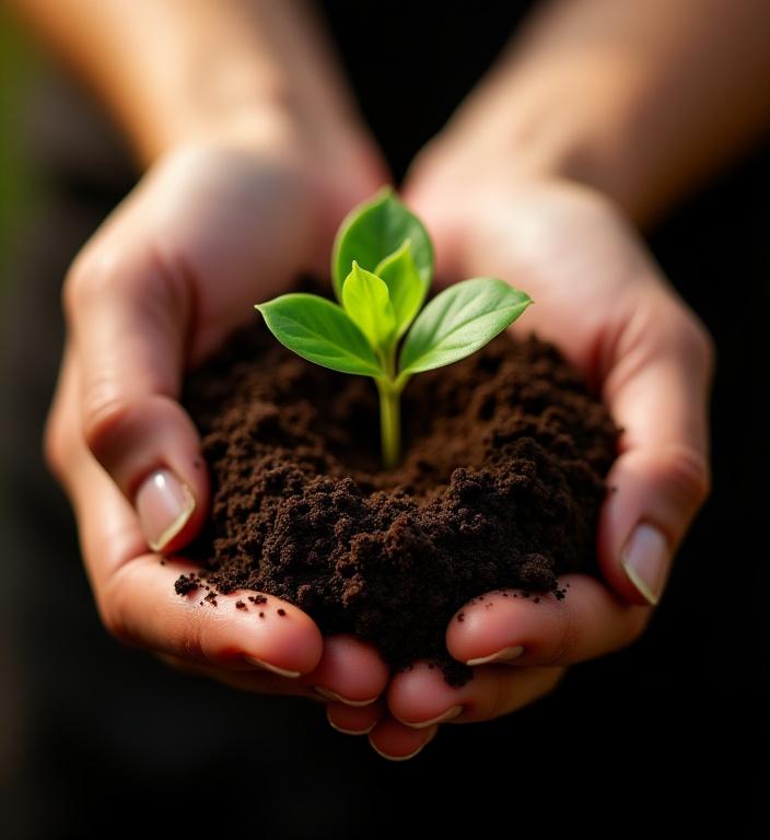 Hands cupping rich, dark soil with a small green seedling emerging.